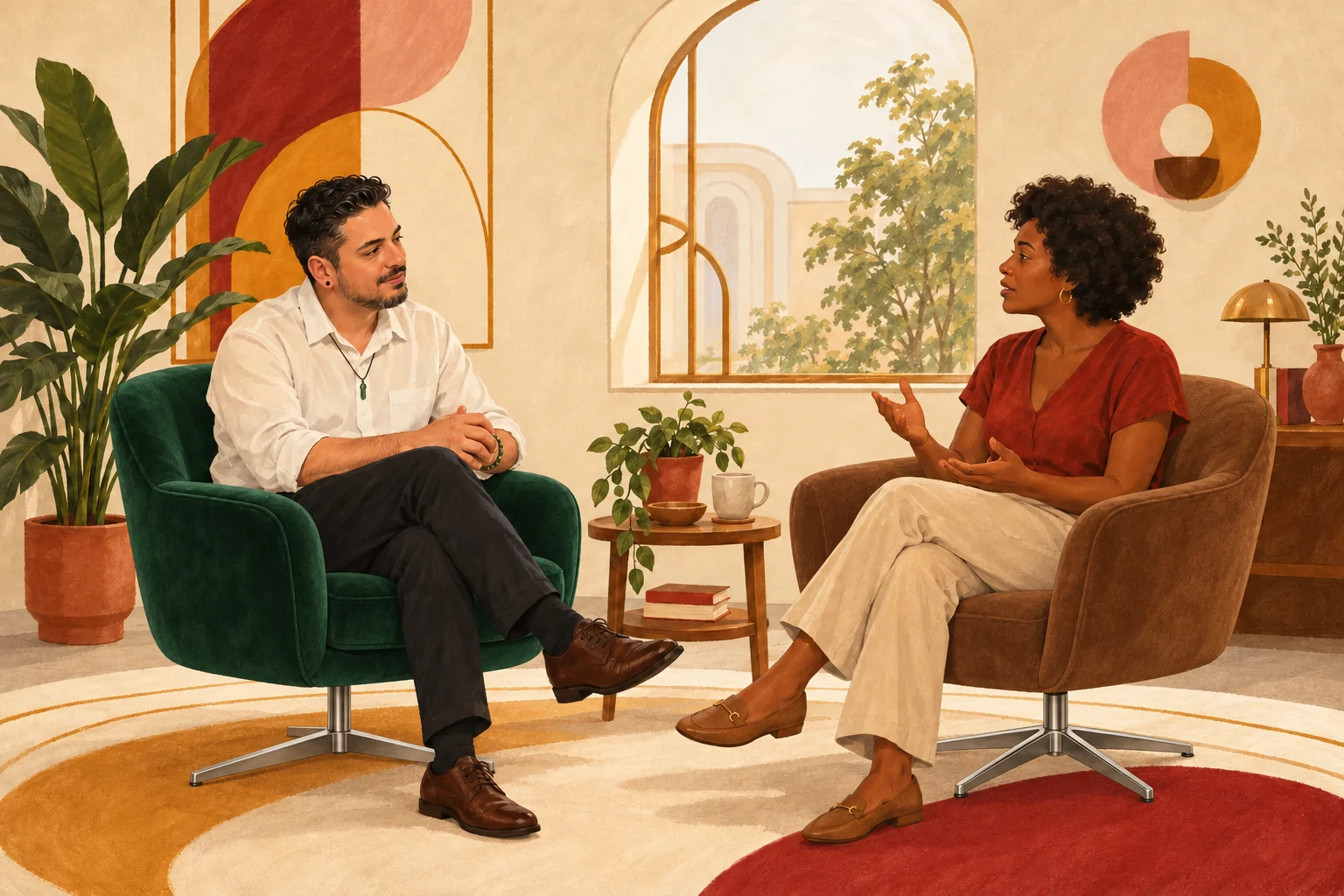 Ilustração de uma conversa de psicoterapia entre terapeuta e pessoa atendida.