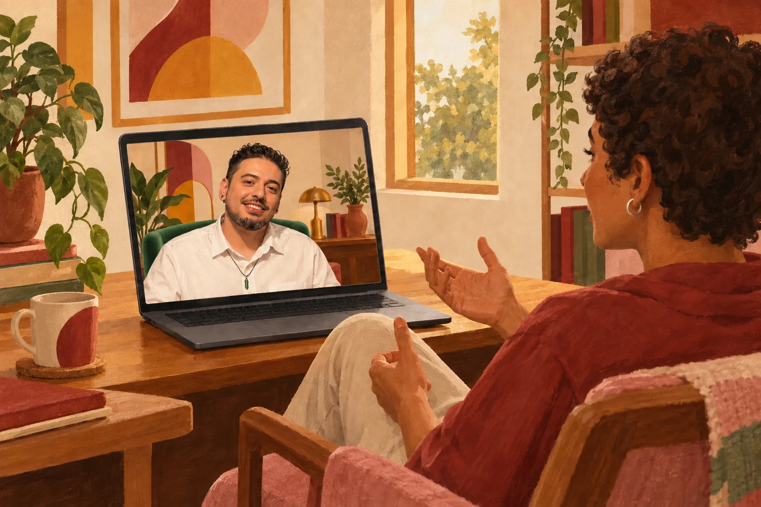 Ilustração de atendimento online com Daniel na tela do notebook.