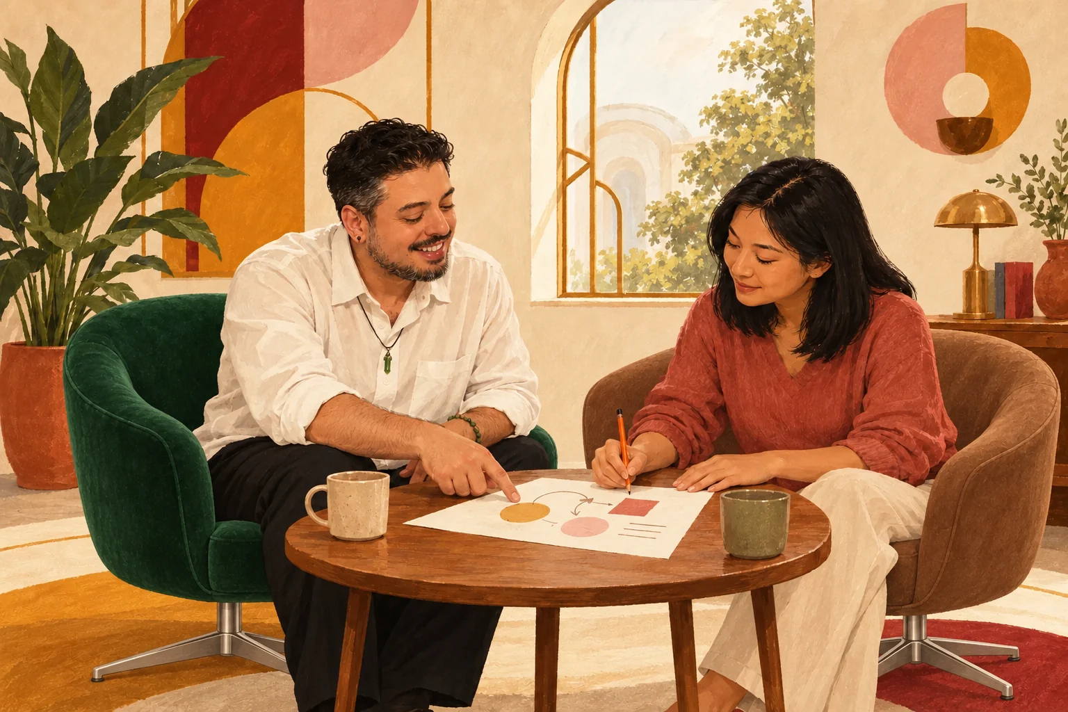 Ilustração de terapeuta e pessoa atendida construindo juntos um exercício de TCC.